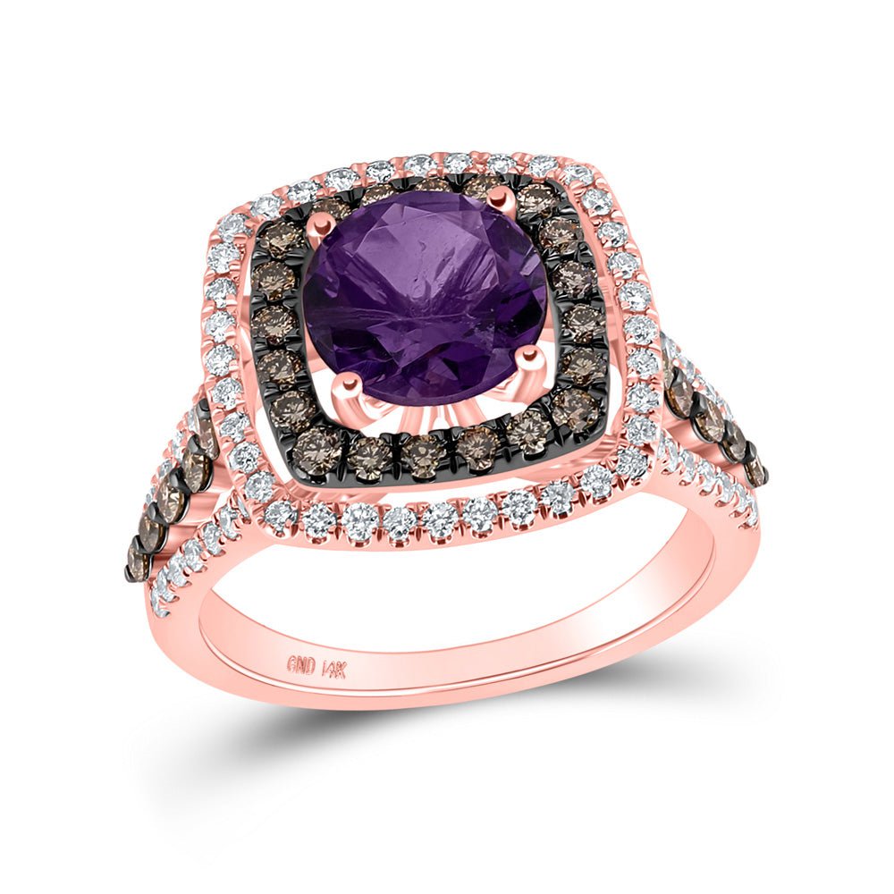 GND Gemstone Fashion Ring 14kt Rose Gold Womens Round Amethyst Diamond Fashion Ring 2-3/4 Cttw
