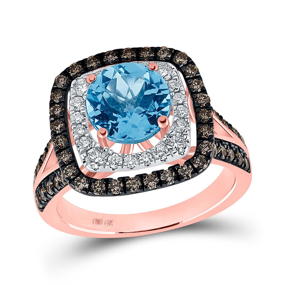 GND Gemstone Fashion Ring 14kt Rose Gold Womens Round Blue Topaz Brown Diamond Halo Ring 1 Cttw