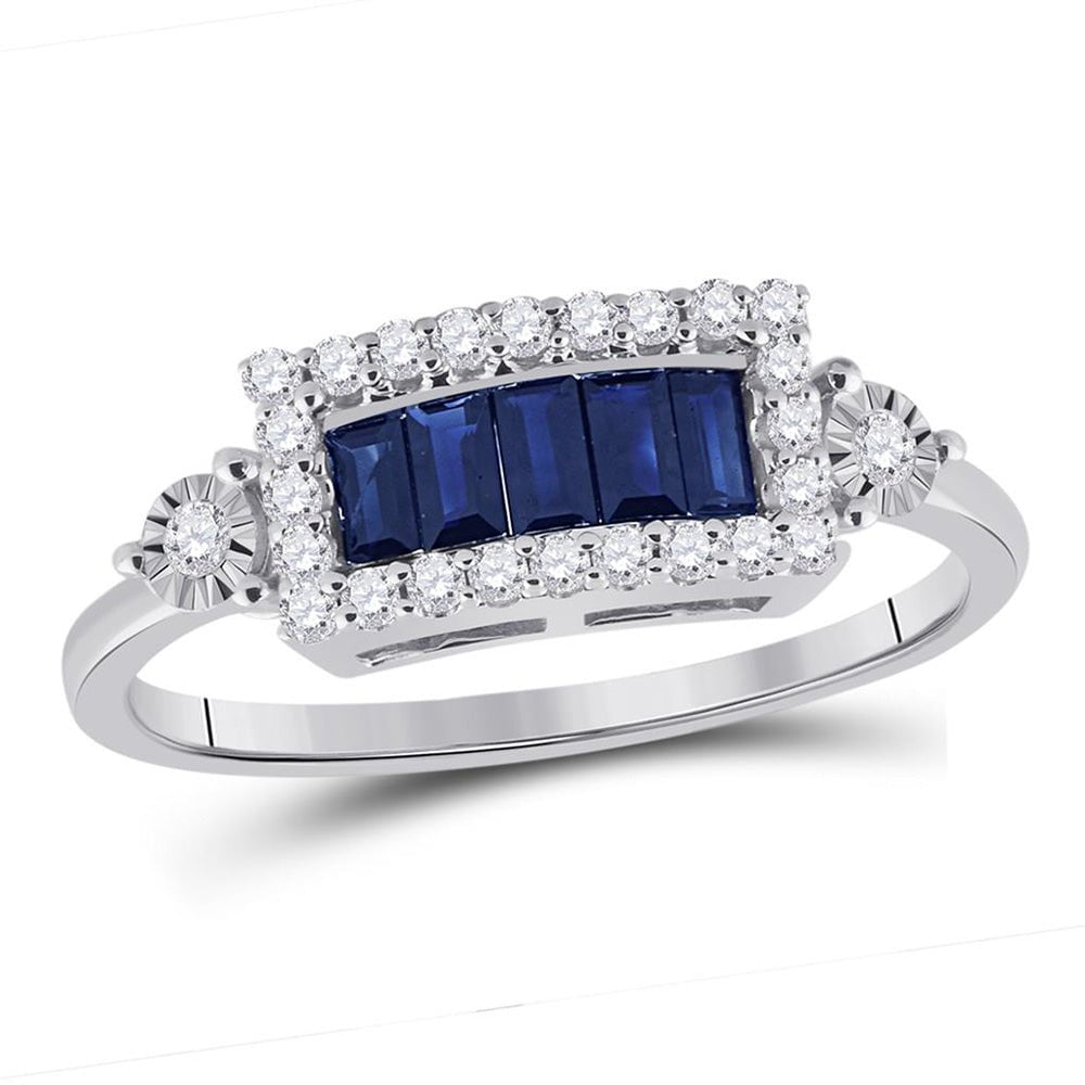 GND Gemstone Fashion Ring 14kt White Gold Womens Baguette Blue Sapphire Diamond Fashion Ring 3/4 Cttw