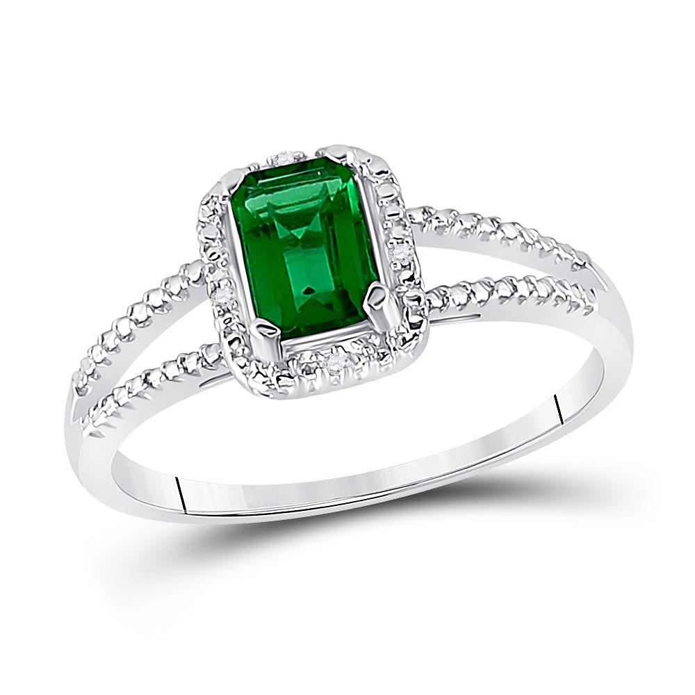 GND Gemstone Fashion Ring Sterling Silver Womens Lab-Created Emerald Solitaire Diamond Split-shank Ring 1-1/2 Cttw