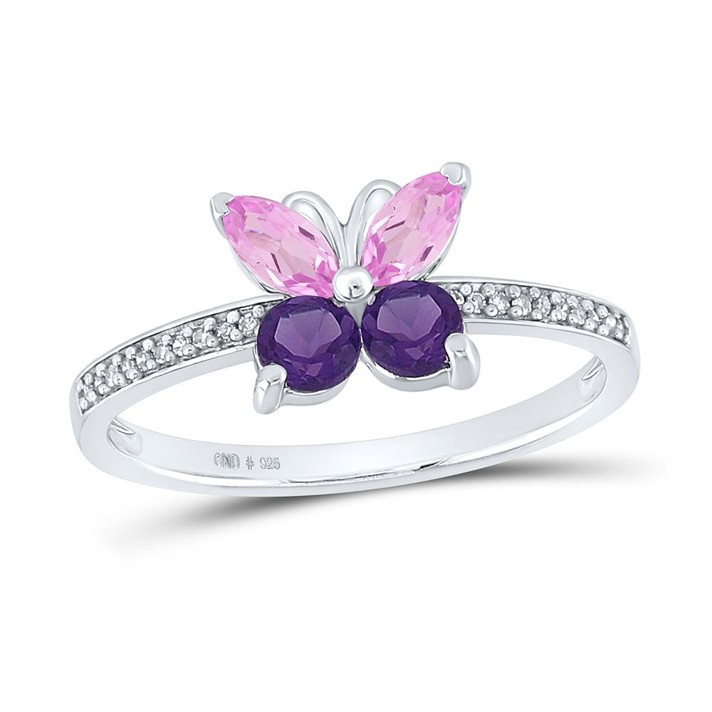 GND Gemstone Fashion Ring Sterling Silver Womens Round Lab-Created Amethyst Butterfly Ring 7/8 Cttw