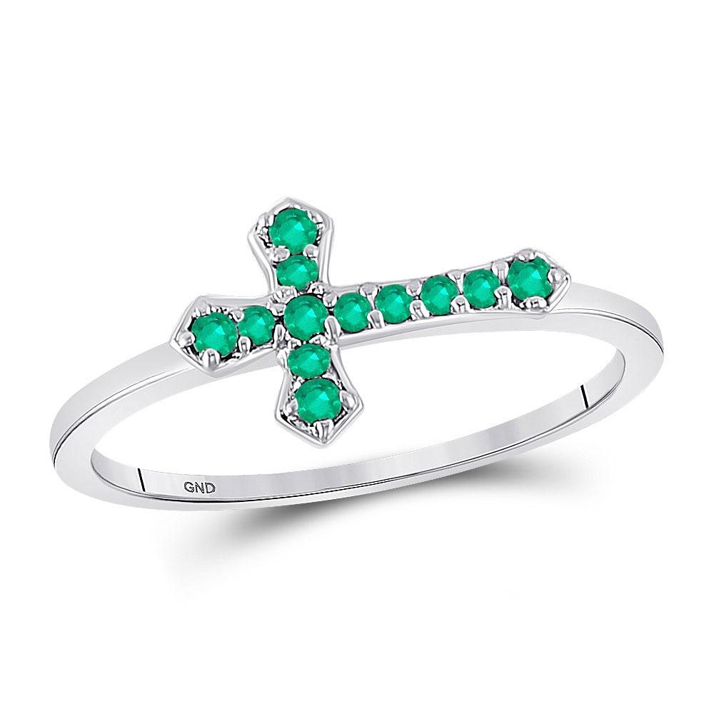 GND Gemstone Fashion Ring Sterling Silver Womens Round Lab-Created Emerald Cross Religious Ring 1/8 Cttw