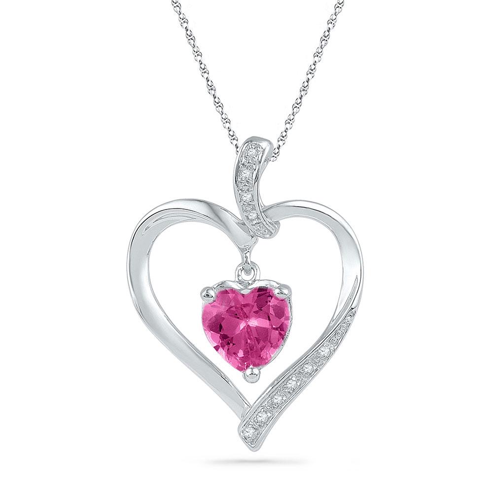 GND Gemstone Heart & Love Symbol Pendant 10kt White Gold Womens Round Lab-Created Pink Sapphire Heart Pendant 1-3/4 Cttw