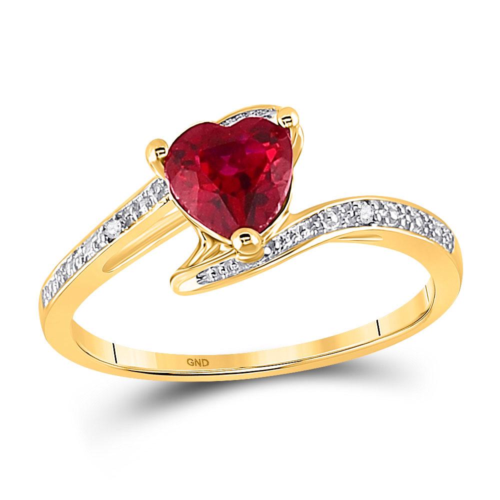 GND Gemstone Heart Ring 10kt Yellow Gold Womens Heart Lab-Created Ruby Solitaire Diamond-accent Bypass Ring 1 Cttw