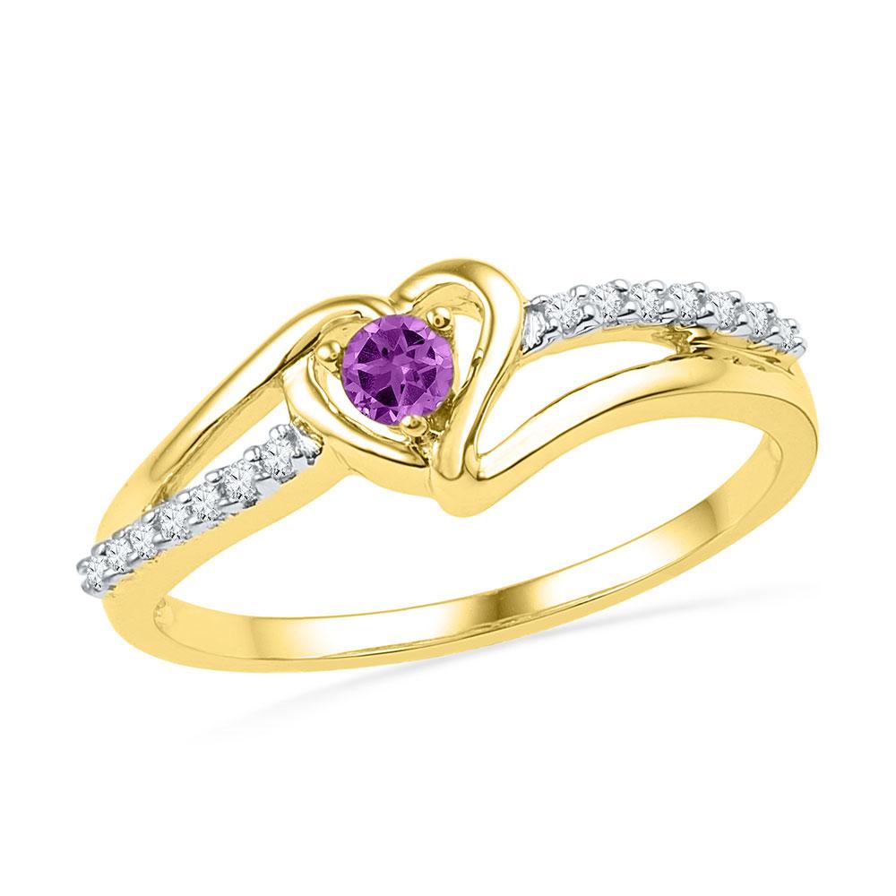 GND Gemstone Heart Ring 10kt Yellow Gold Womens Lab-Created Amethyst Heart Ring 1/5 Cttw