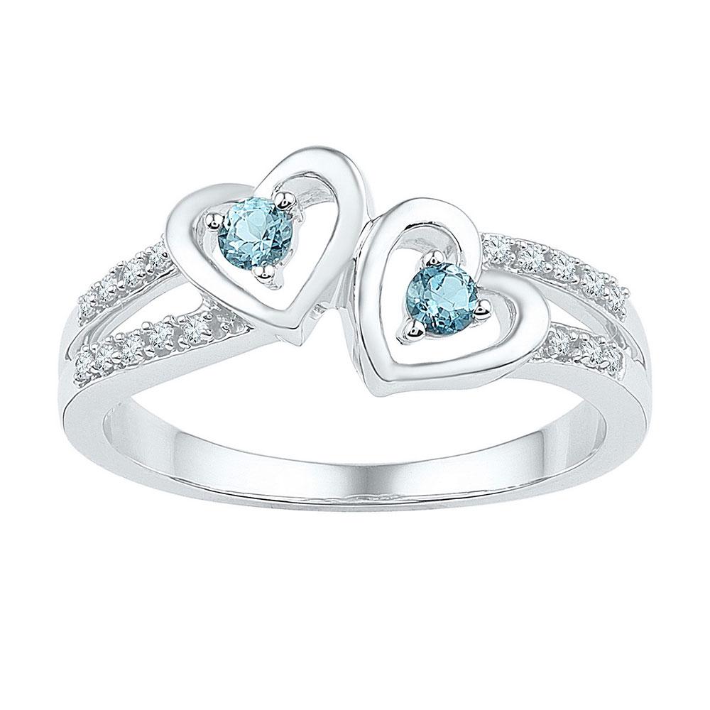 GND Gemstone Heart Ring Sterling Silver Womens Round Lab-Created Aquamarine Diamond Heart Ring 1/5 Cttw