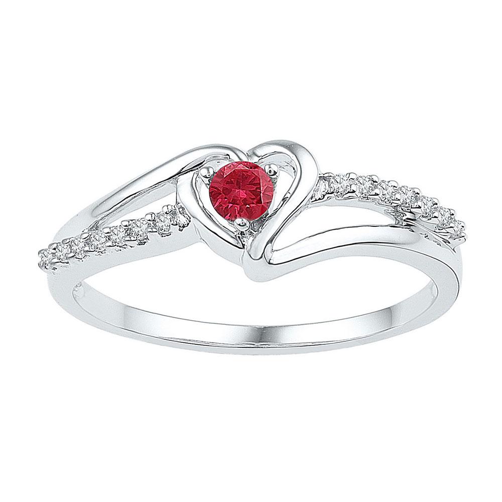 GND Gemstone Heart Ring Sterling Silver Womens Round Lab-Created Ruby Solitaire Diamond Heart Ring 1/5 Cttw