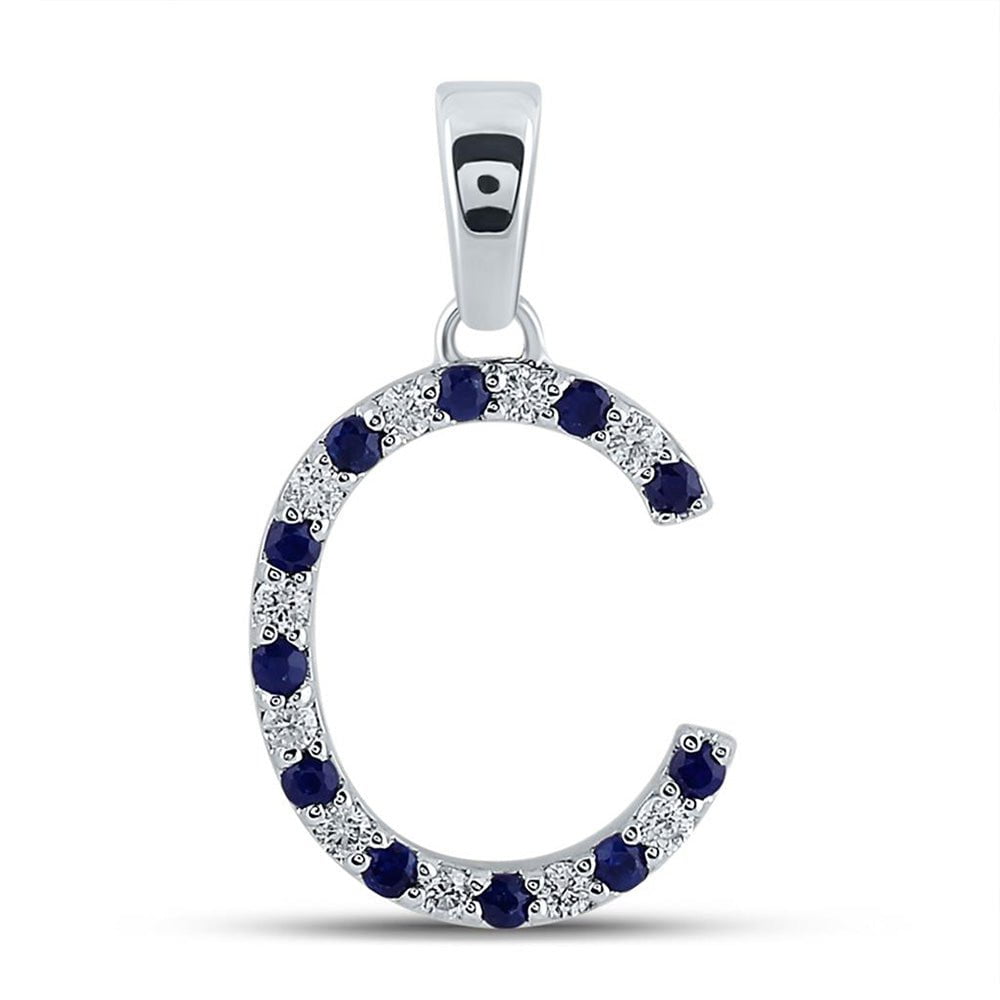 GND Gemstone Initial & Letter Pendant 10kt White Gold Womens Round Blue Sapphire Diamond C Letter Pendant 1/5 Cttw