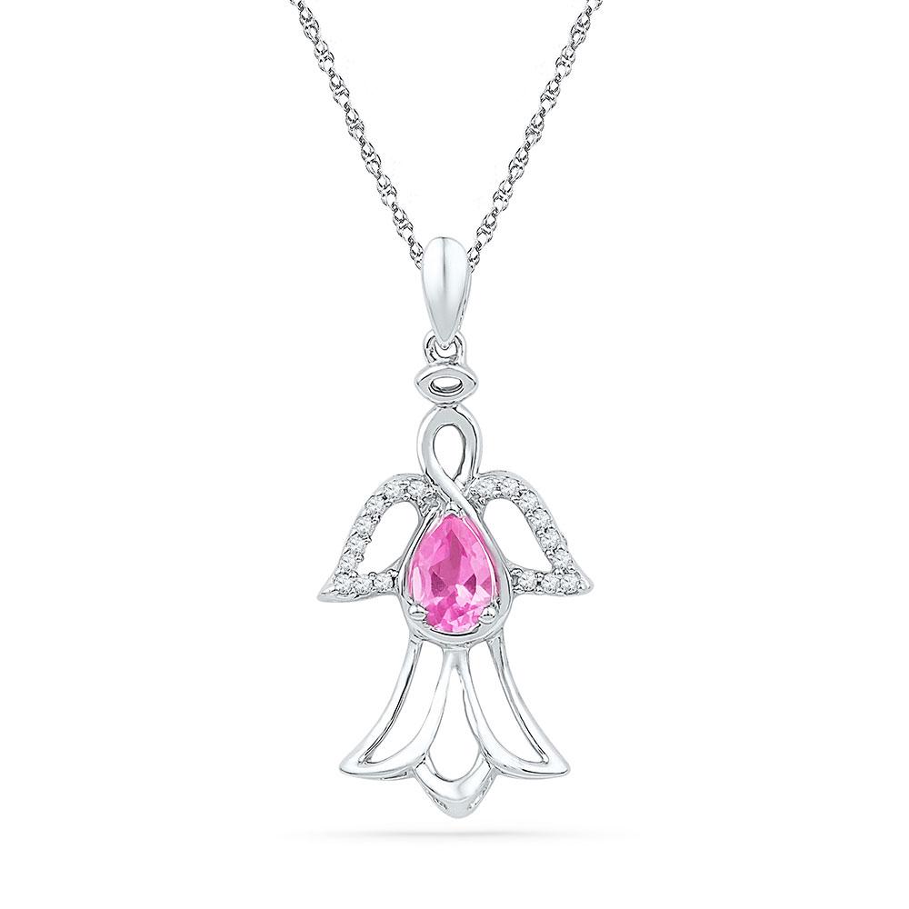 GND Gemstone Religious Pendant 10kt White Gold Womens Pear Lab-Created Pink Sapphire Angel Pendant 5/8 Cttw