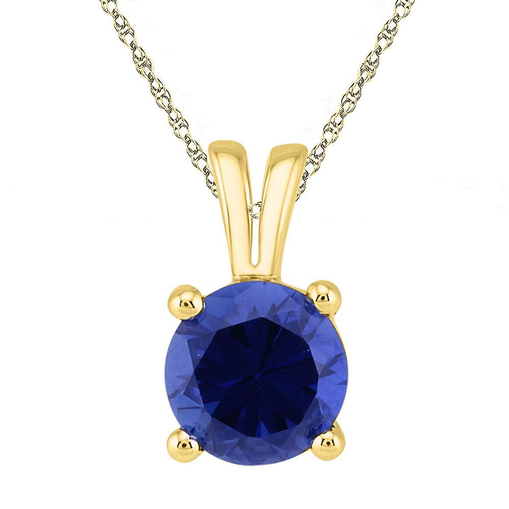 GND Gemstone Solitaire Pendant 10kt Yellow Gold Womens Round Lab-Created Blue Sapphire Solitaire Pendant 1-1/3 Cttw