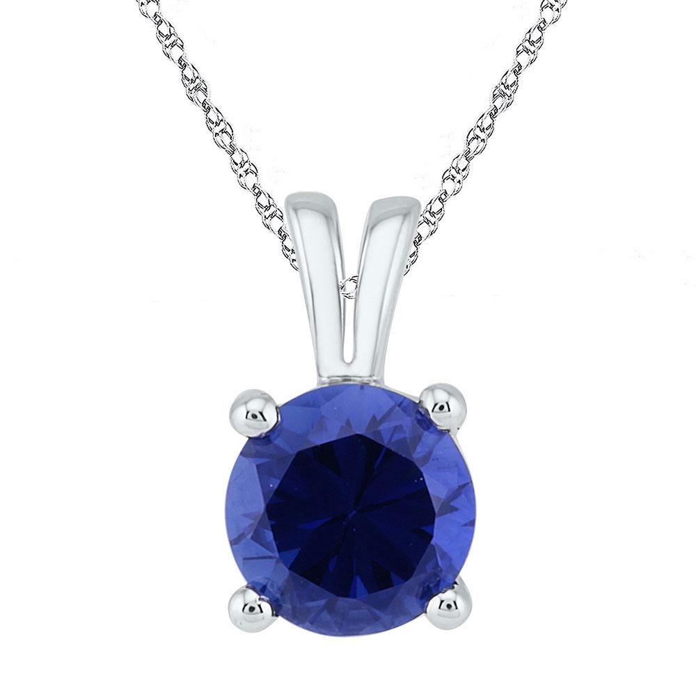 GND Gemstone Solitaire Pendant Sterling Silver Womens Round Lab-Created Blue Sapphire Solitaire Pendant 1-1/3 Cttw