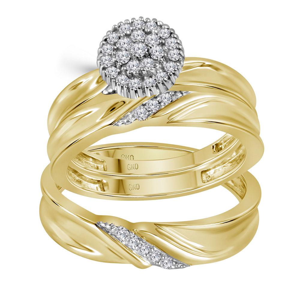 GND His & Hers Trio Wedding Ring Set 10k Yellow Gold Diamond His Hers Matching Trio Wedding Engagement Bridal Ring Set 1/4 Cttw