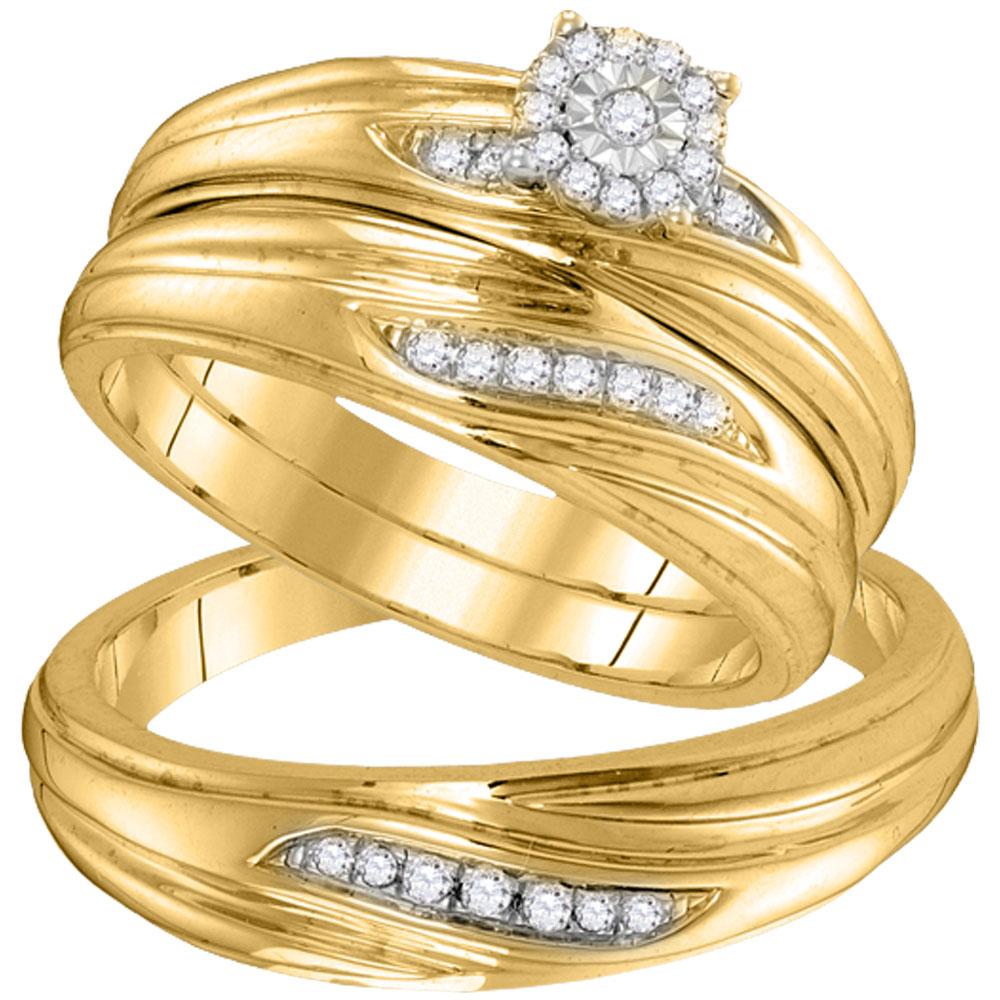 GND His & Hers Trio Wedding Ring Set 10k Yellow Gold Diamond His Hers Matching Trio Wedding Engagement Bridal Ring Set 1/5 Cttw