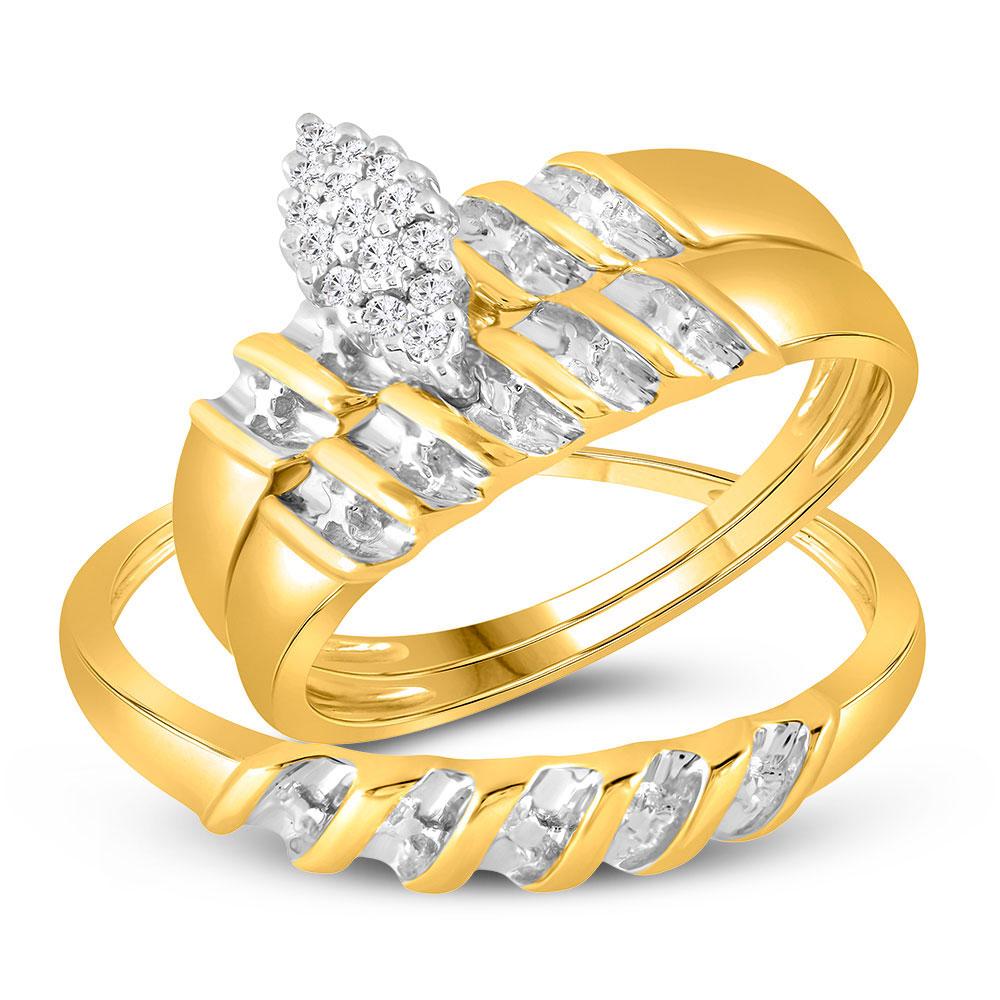 GND His & Hers Trio Wedding Ring Set 10k Yellow Gold Diamond Marquise-shape Cluster Bridal Wedding Trio Mens Womens Ring Band Set