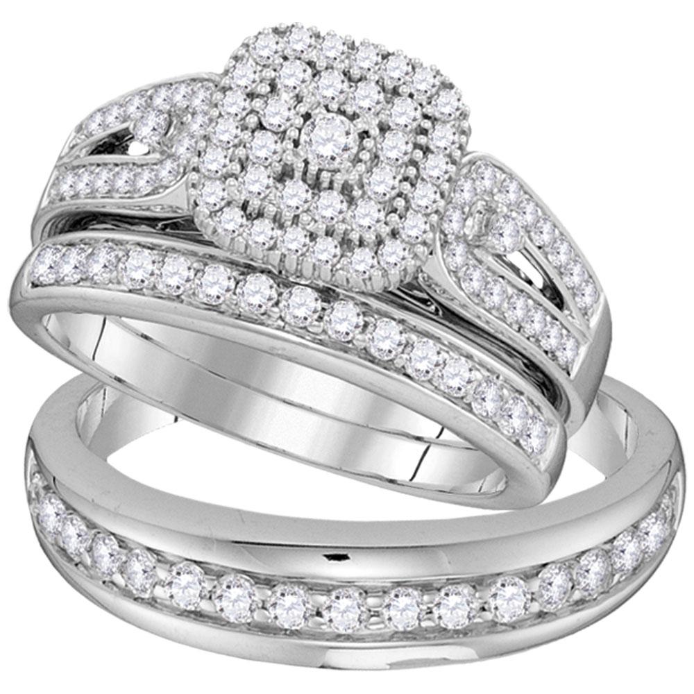 GND His & Hers Trio Wedding Ring Set 10kt White Gold His Hers Round Diamond Cluster Matching Wedding Set 1-1/5 Cttw