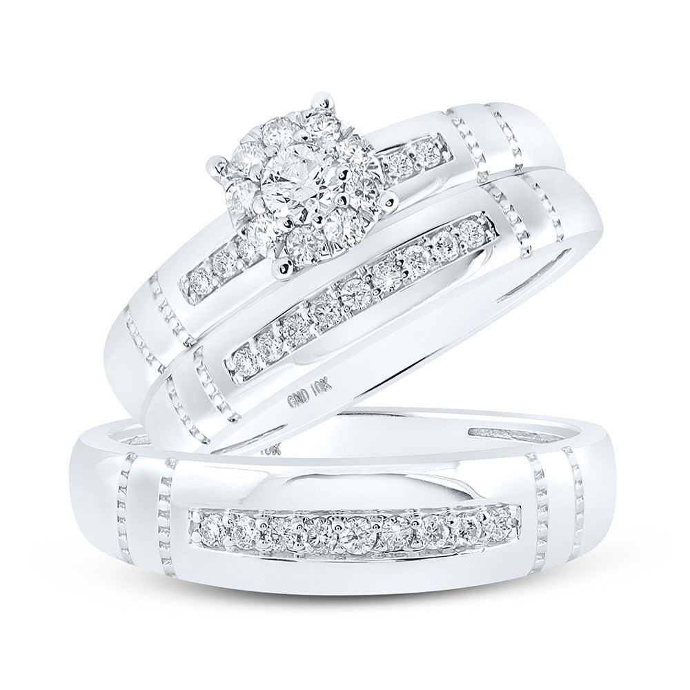 GND His & Hers Trio Wedding Ring Set 10kt White Gold His Hers Round Diamond Cluster Matching Wedding Set 1/2 Cttw