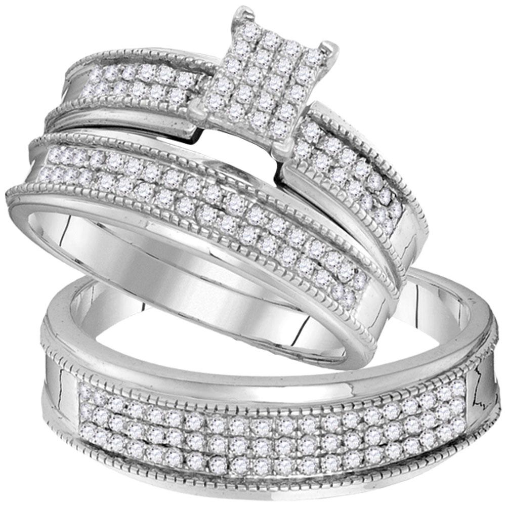 GND His & Hers Trio Wedding Ring Set 10kt White Gold His Hers Round Diamond Cluster Matching Wedding Set 3/4 Cttw