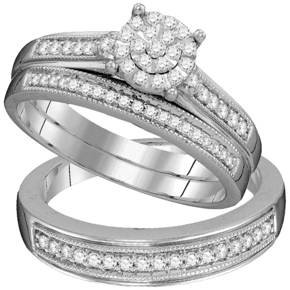 GND His & Hers Trio Wedding Ring Set 10kt White Gold His Hers Round Diamond Cluster Matching Wedding Set 3/8 Cttw