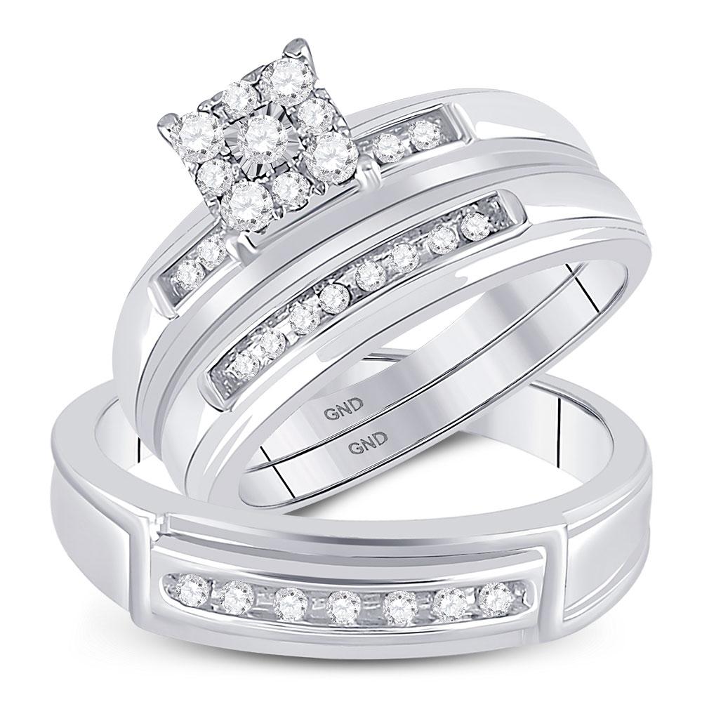 GND His & Hers Trio Wedding Ring Set 10kt White Gold His Hers Round Diamond Solitaire Matching Wedding Set 1/3 Cttw
