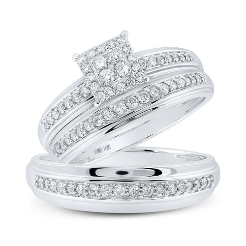 GND His & Hers Trio Wedding Ring Set 10kt White Gold His Hers Round Diamond Square Matching Wedding Set 1/2 Cttw
