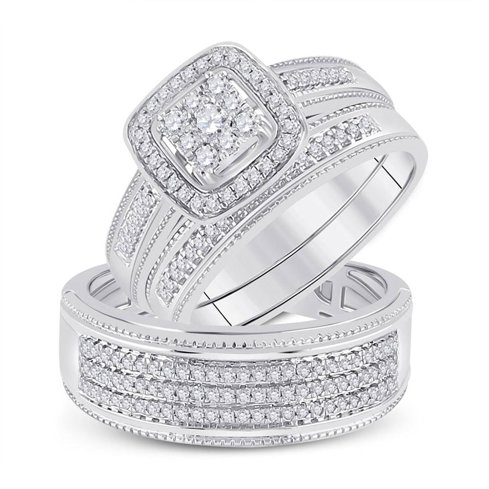 GND His & Hers Trio Wedding Ring Set 10kt White Gold His Hers Round Diamond Square Matching Wedding Set 5/8 Cttw
