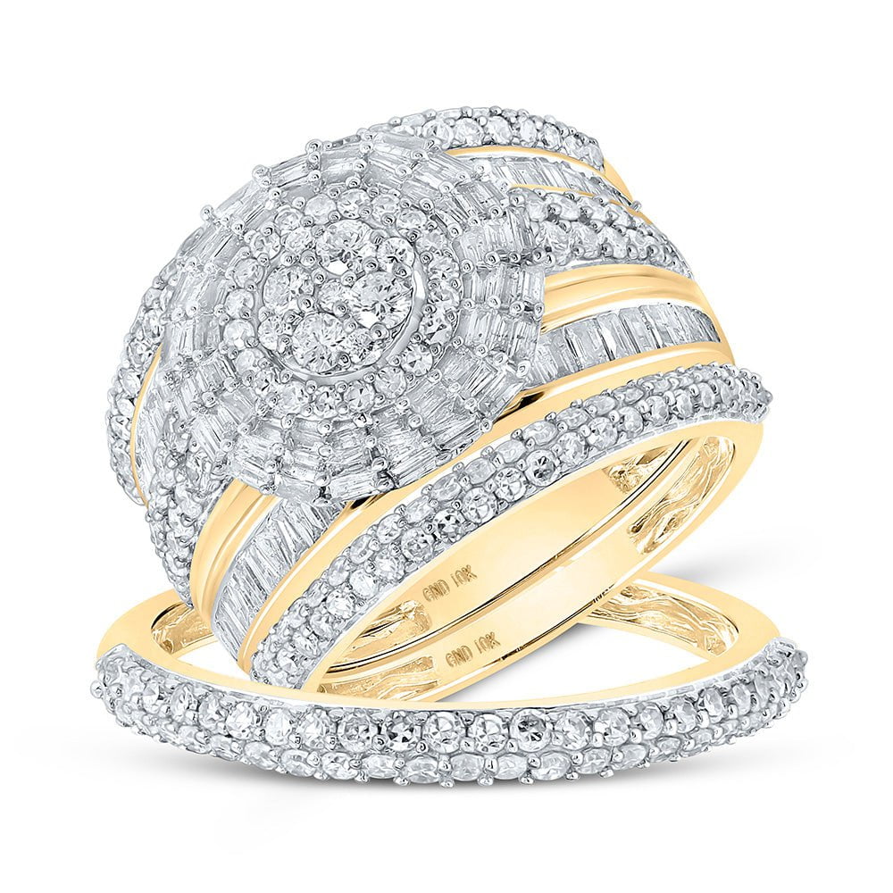 GND His & Hers Trio Wedding Ring Set 10kt Yellow Gold His Hers Baguette Diamond Cluster Matching Wedding Set 2-1/3 Cttw