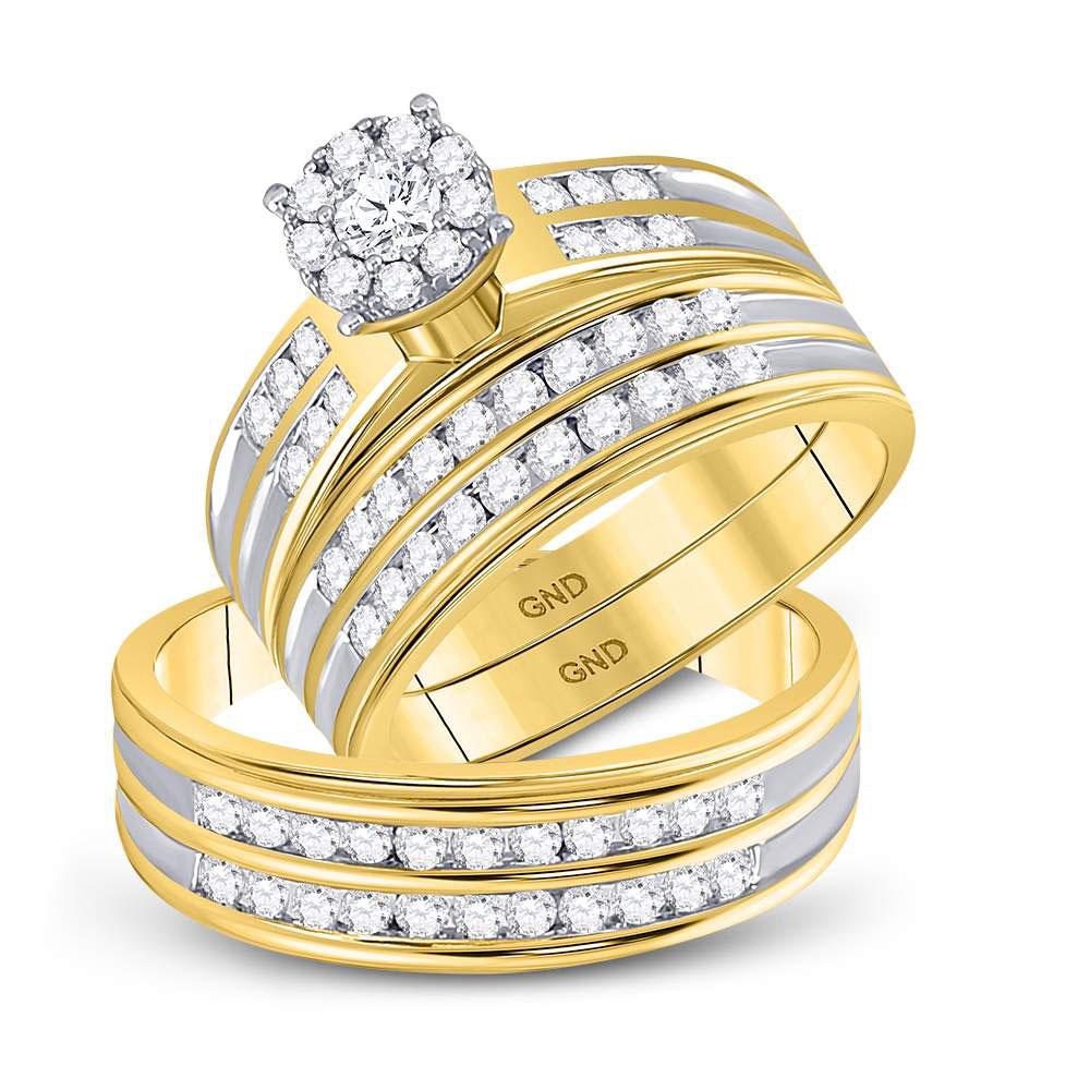 GND His & Hers Trio Wedding Ring Set 10kt Yellow Gold His Hers Round Diamond Cluster Matching Wedding Set 1-1/5 Cttw