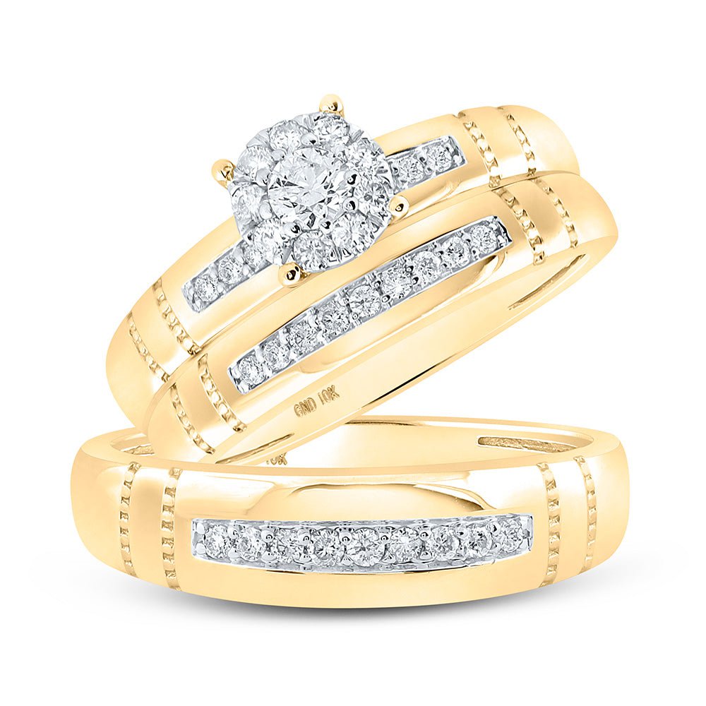 GND His & Hers Trio Wedding Ring Set 10kt Yellow Gold His Hers Round Diamond Cluster Matching Wedding Set 1/2 Cttw