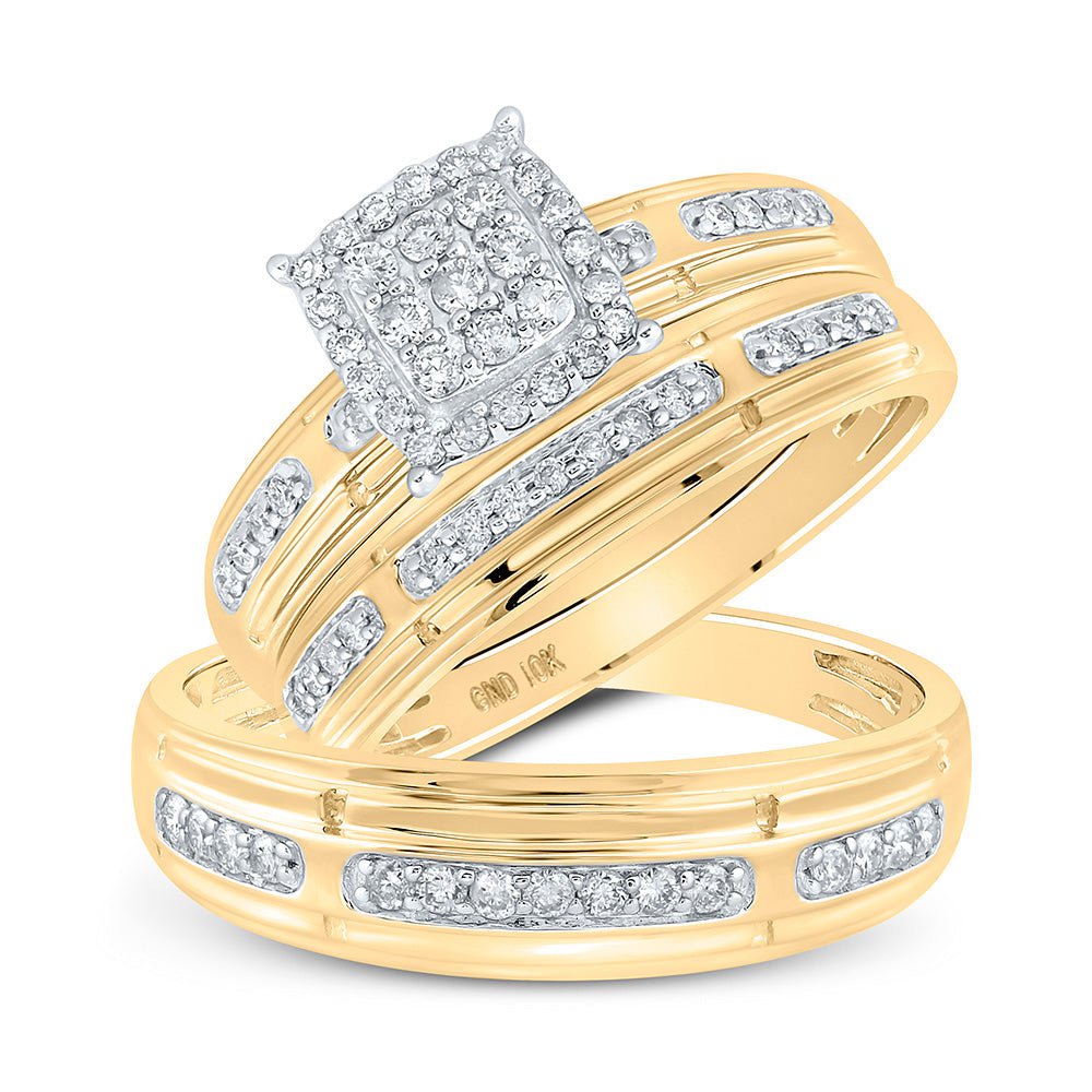 GND His & Hers Trio Wedding Ring Set 10kt Yellow Gold His Hers Round Diamond Cluster Matching Wedding Set 1/2 Cttw