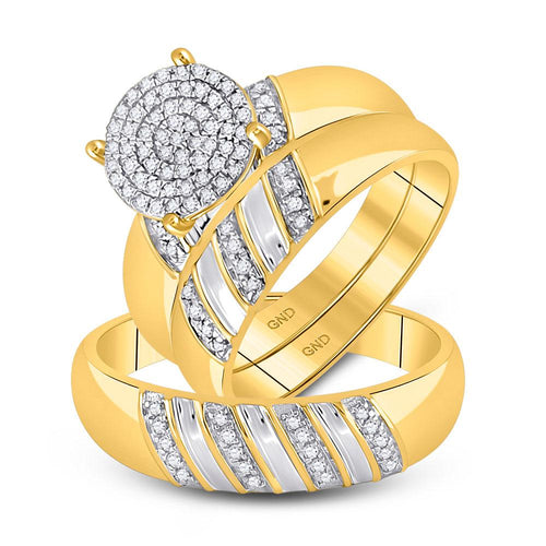 GND His & Hers Trio Wedding Ring Set 10kt Yellow Gold His Hers Round Diamond Cluster Matching Wedding Set 1/3 Cttw