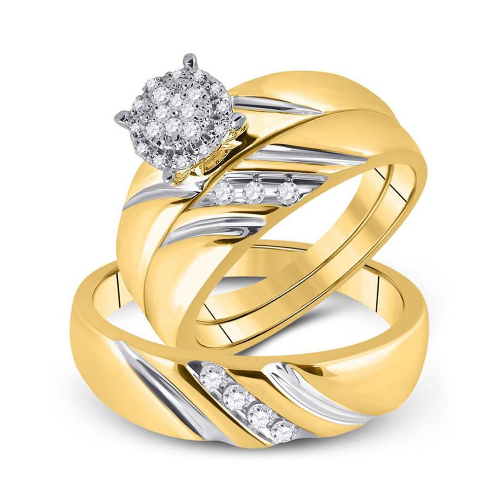 GND His & Hers Trio Wedding Ring Set 10kt Yellow Gold His Hers Round Diamond Cluster Matching Wedding Set 1/5 Cttw