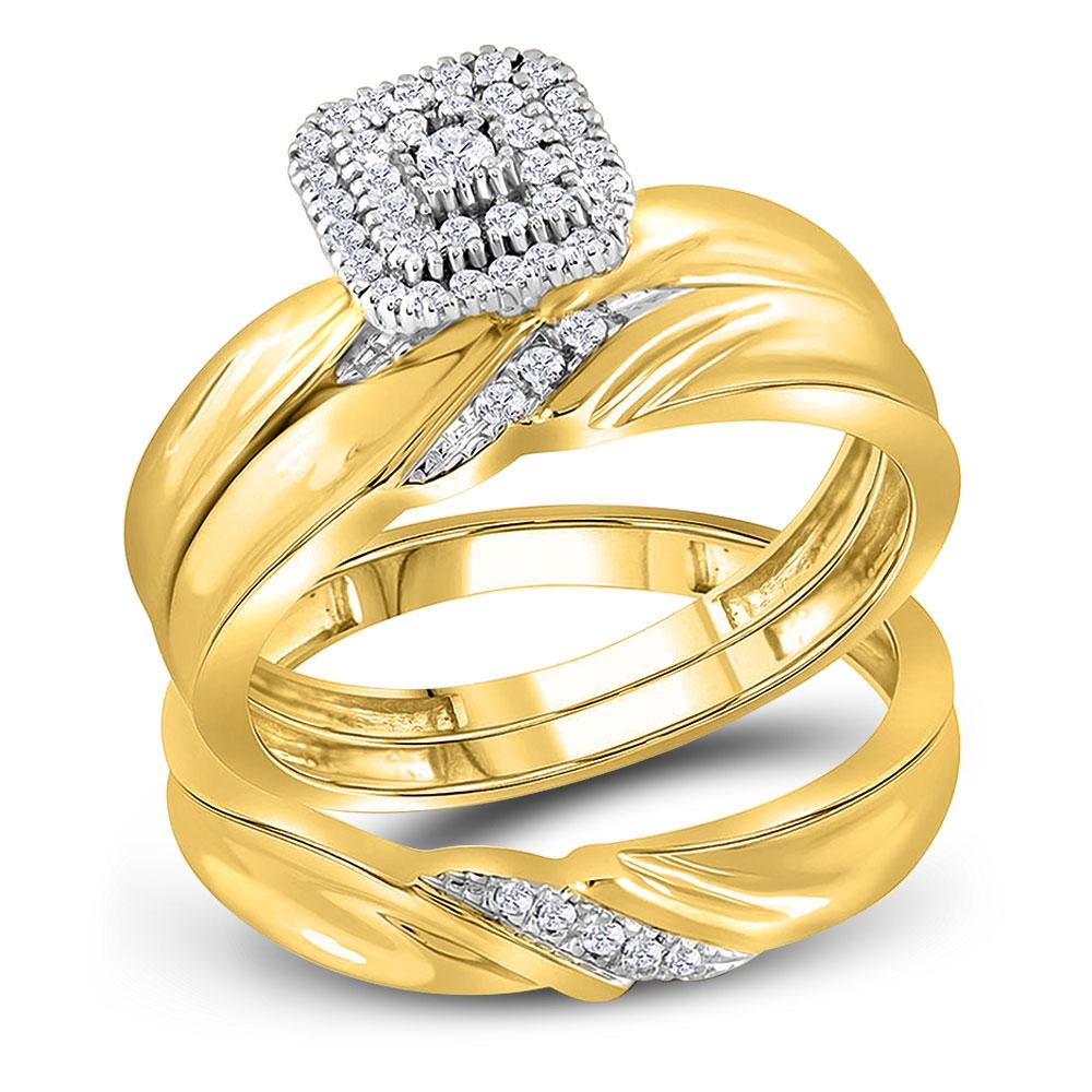 GND His & Hers Trio Wedding Ring Set 10kt Yellow Gold His Hers Round Diamond Cluster Matching Wedding Set 1/5 Cttw