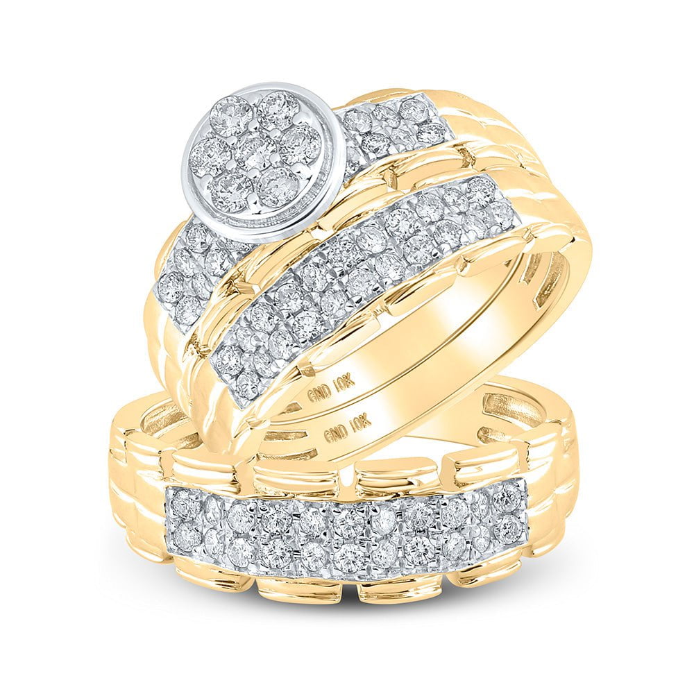 GND His & Hers Trio Wedding Ring Set 10kt Yellow Gold His Hers Round Diamond Cluster Matching Wedding Set 1 Cttw