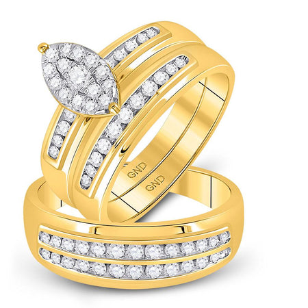 10kt Yellow Gold His Hers Round Diamond Cluster Matching Wedding Set 3/4 Cttw