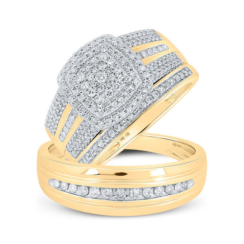 GND His & Hers Trio Wedding Ring Set 10kt Yellow Gold His Hers Round Diamond Cluster Matching Wedding Set 3/4 Cttw