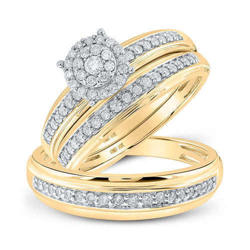 GND His & Hers Trio Wedding Ring Set 10kt Yellow Gold His Hers Round Diamond Halo Matching Wedding Set 1/2 Cttw