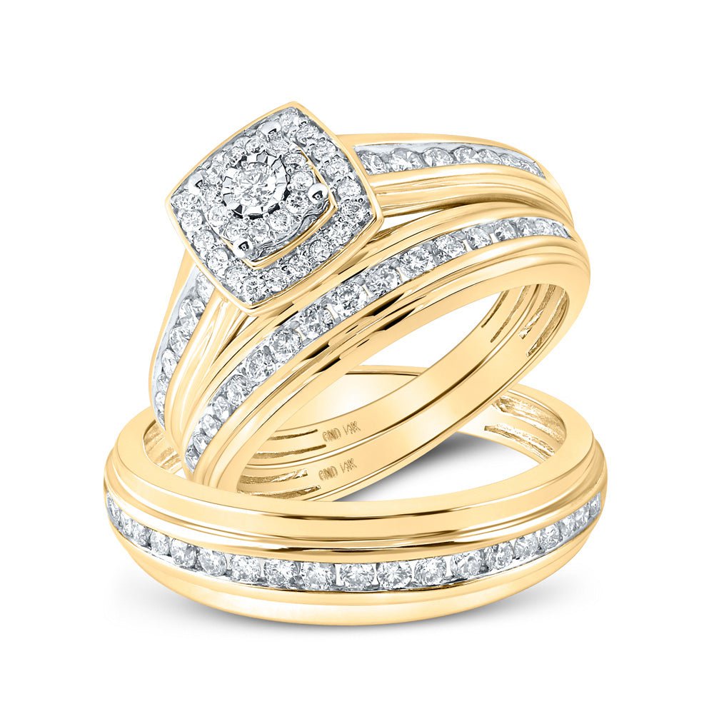 GND His & Hers Trio Wedding Ring Set 10kt Yellow Gold His Hers Round Diamond Halo Matching Wedding Set 7/8 Cttw