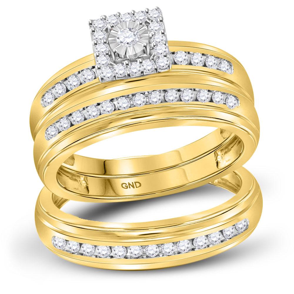 GND His & Hers Trio Wedding Ring Set 10kt Yellow Gold His Hers Round Diamond Solitaire Matching Wedding Set 1/2 Cttw