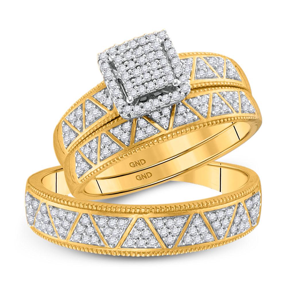 GND His & Hers Trio Wedding Ring Set 10kt Yellow Gold His Hers Round Diamond Square Matching Wedding Set 1/2 Cttw