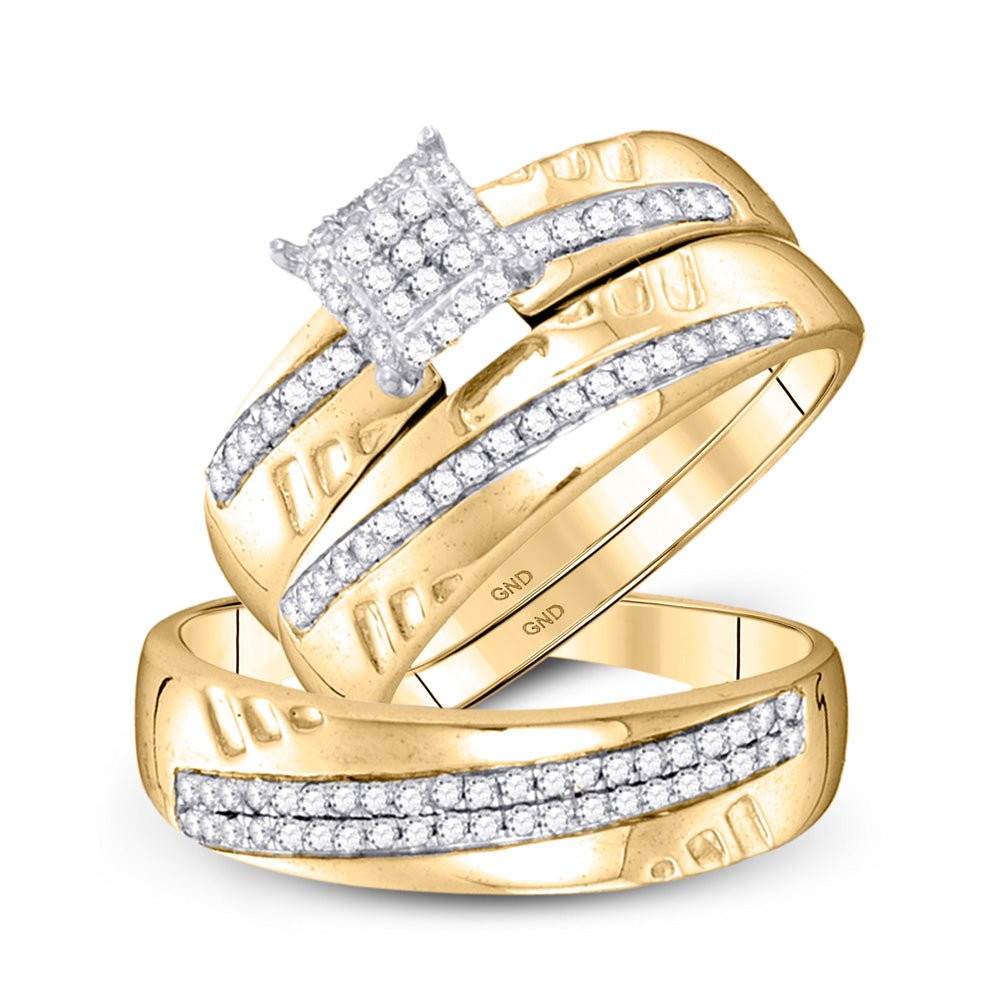 GND His & Hers Trio Wedding Ring Set 10kt Yellow Gold His Hers Round Diamond Square Matching Wedding Set 1/2 Cttw