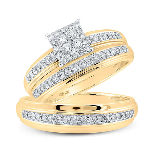 GND His & Hers Trio Wedding Ring Set 10kt Yellow Gold His Hers Round Diamond Square Matching Wedding Set 1/2 Cttw