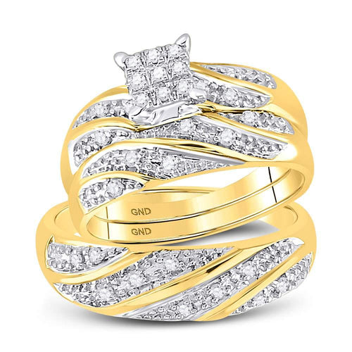 GND His & Hers Trio Wedding Ring Set 10kt Yellow Gold His Hers Round Diamond Square Matching Wedding Set 1/3 Cttw