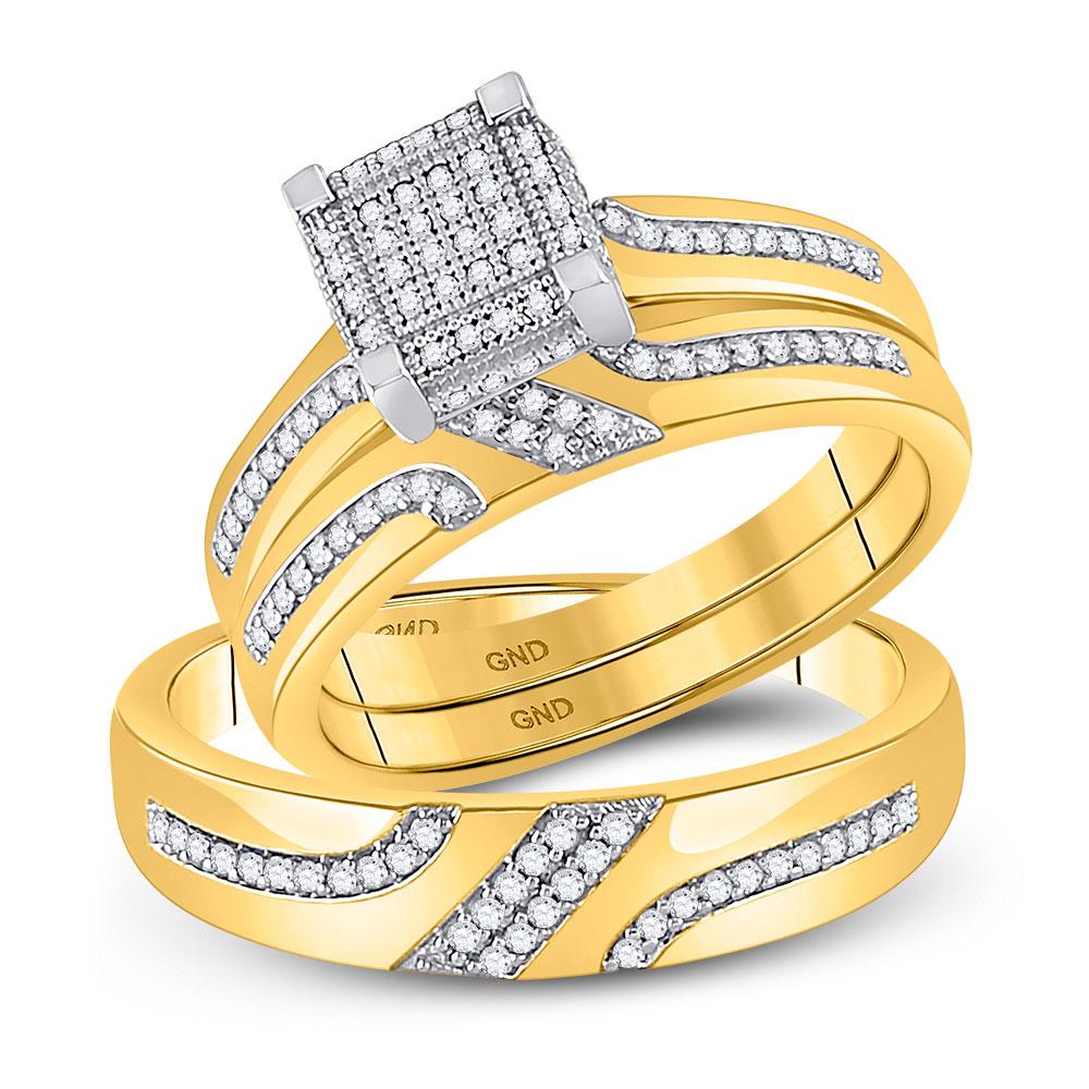 GND His & Hers Trio Wedding Ring Set 10kt Yellow Gold His Hers Round Diamond Square Matching Wedding Set 1/3 Cttw