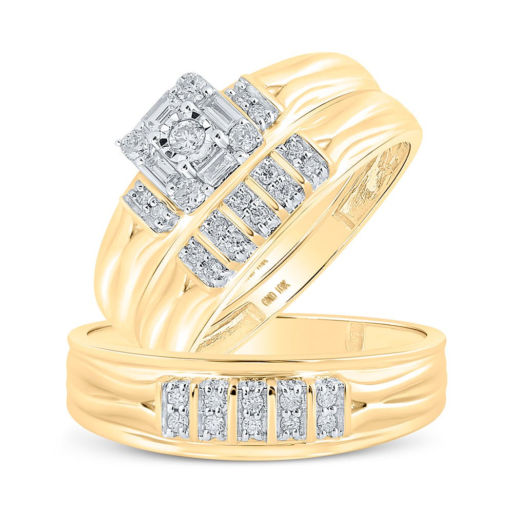GND His & Hers Trio Wedding Ring Set 10kt Yellow Gold His Hers Round Diamond Square Matching Wedding Set 1/3 Cttw