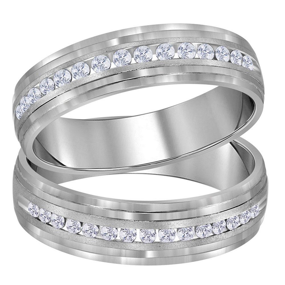 GND His & Hers Trio Wedding Ring Set 14kt White Gold His Hers Round Diamond Band Matching Wedding Band Set 1/3 Cttw