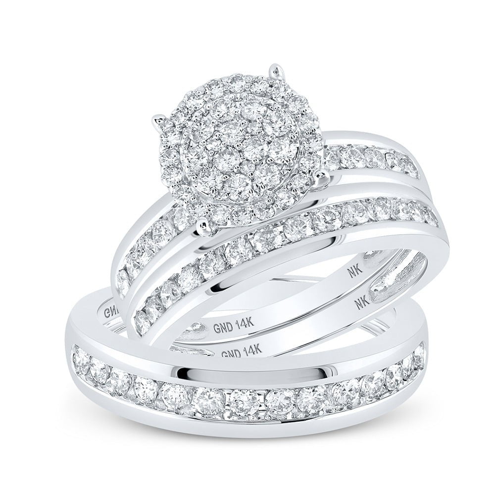 GND His & Hers Trio Wedding Ring Set 14kt White Gold His Hers Round Diamond Cluster Matching Wedding Set 1-1/2 Cttw
