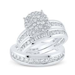 GND His & Hers Trio Wedding Ring Set 14kt White Gold His Hers Round Diamond Cluster Matching Wedding Set 1-1/2 Cttw