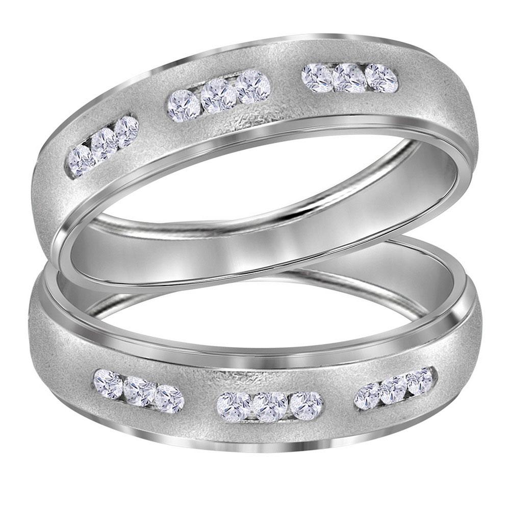 GND His & Hers Trio Wedding Ring Set 14kt White Gold His Hers Round Diamond Matching Wedding Band Set 1/4 Cttw