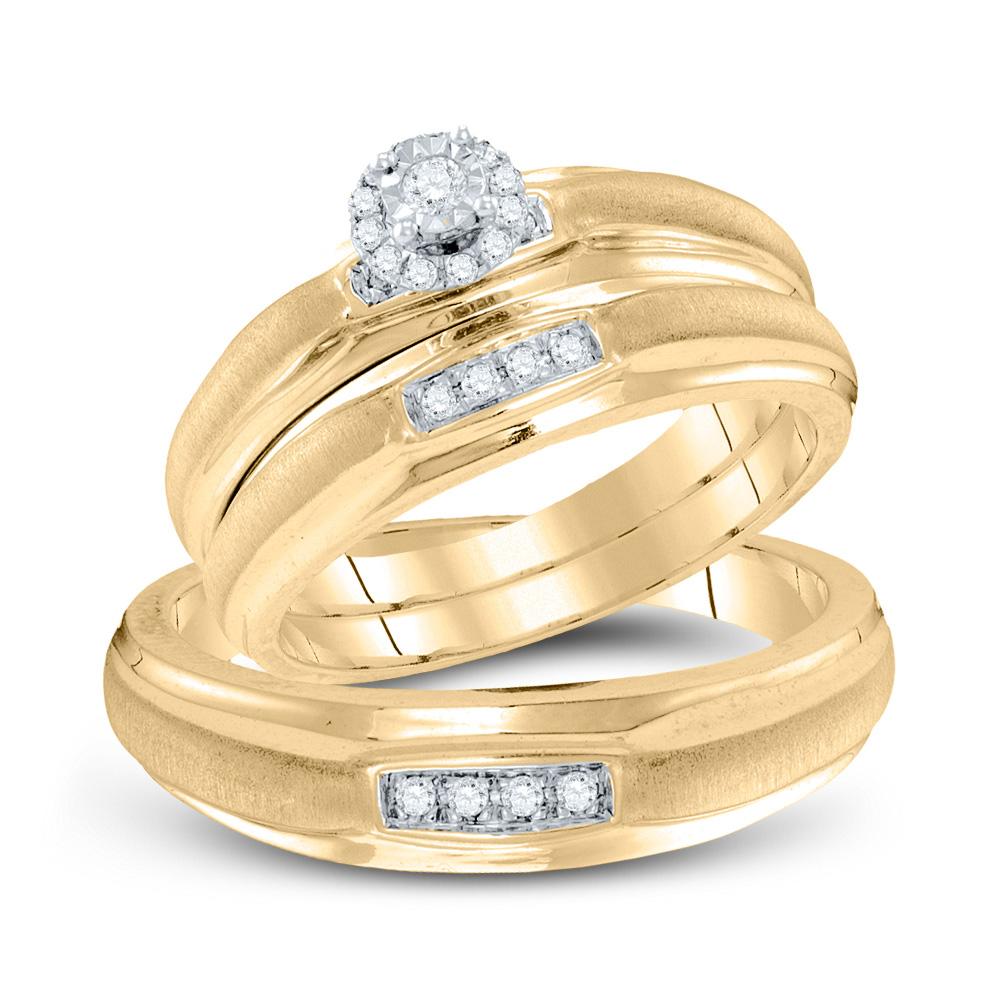 GND His & Hers Trio Wedding Ring Set Yellow-tone Sterling Silver His Hers Round Diamond Matching Wedding Set 1/6 Cttw