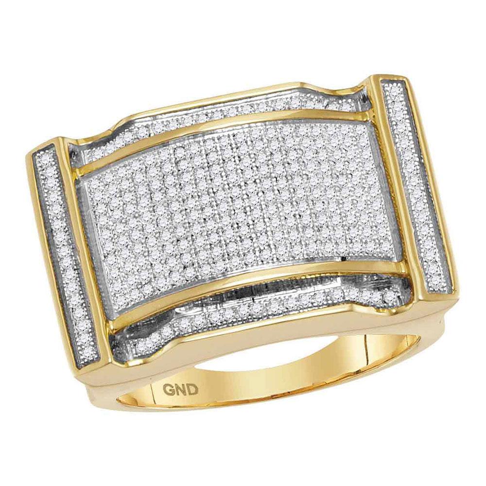 GND Men's Big Look Rings 10kt Yellow Gold Mens Round Diamond Arched Rectangle Cluster Ring 3/4 Cttw